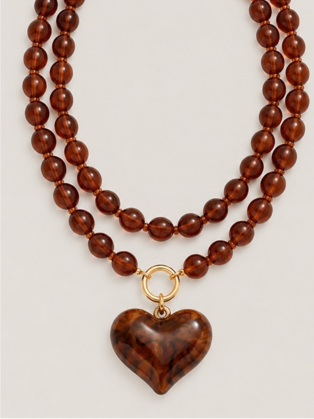 New! Amber Brown Beaded Heart Pendant Stack Necklace NWOT - Picture 1 of 2